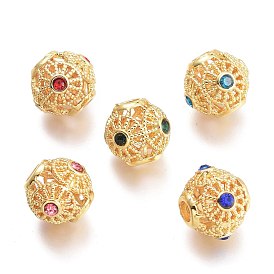 Brass Micro Pave Cubic Zirconia Beads, Hollow, Rondelle, Real 18K Gold Plated