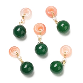 Natural Green Agate Round Pendants, Donut Charms with Pearl and Brass Beads