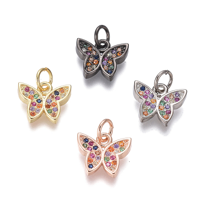 Brass Micro Pave Cubic Zirconia Charms, with Jump Rings, Butterfly, Colorful