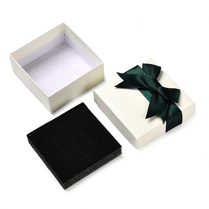 Square Cardboard Jewelry Set Box, with Polyester Bowknot Lid, Jewelry Storage Case with Velvet Sponge Inside, for Necklaces, Earrings, Rings