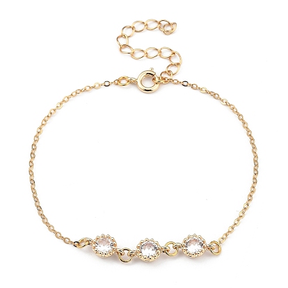 Brass Micro Pave Clear Cubic Zirconia Links Bracelets, with Spring Ring Clasps, Flower