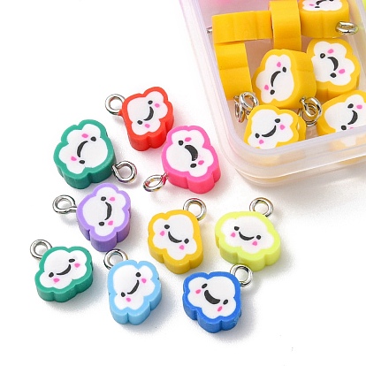80Pcs 8 Colors Handmade Polymer Clay Charms, with Platinum Plated Iron Loop, Cloud with Smile