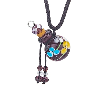 Flower Pattern Handmade Lampwork Perfume Essence Bottle Pendant Necklace, Adjustable Braided Cord Necklace, Sweater Necklace for Women