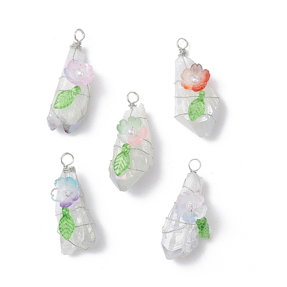 Подвески из медной проволоки в форме капли, покрытые гальваническим слоем из необработанного натурального кварца, смолой цветок, платина