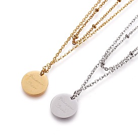 Adjustable 304 Stainless Steel Tiered Necklaces, Flat Round with Word Forever Love