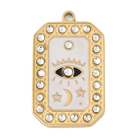 304 нержавеющей стальной эмали подвески, со стразами, прямоугольник с шармом в виде глаз, реальный 18 k позолоченный, ионное покрытие (ip)