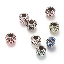 Alloy Rhinestone European Beads, Large Hole Beads, Rondelle, Antique Silver