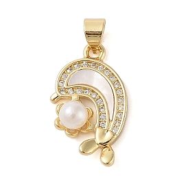 Brass Micro Pave Clear Cubic Zirconia Pendants, with Shell, ABS Imitation Pearl, Dolphin