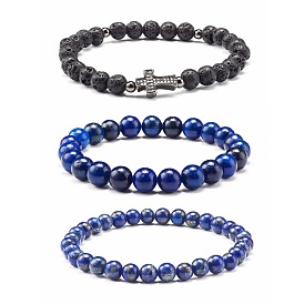 Natural Mixed & Lava Rock Round Beads Stretch Bracelets Set, Cross Brass Micro Pave Cubic Zirconia Beads Bracelets for Men Women