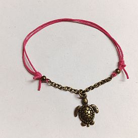 Sea Turtle Tibetan Style Alloy Charm Bracelet with Iron Cable Chain for Women, Waxed Cotton Cord Adjustable Bracelet