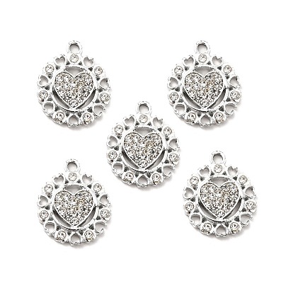 Alloy Rhinestone Pendants, Platinum Tone Flat Round with Heart Charms
