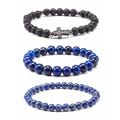 Natural Mixed & Lava Rock Round Beads Stretch Bracelets Set, Cross Brass Micro Pave Cubic Zirconia Beads Bracelets for Men Women