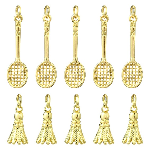 12 piezas 2 estilos colgantes de latón, dijes de bádminton y raquetas de bádminton, con anillo de salto