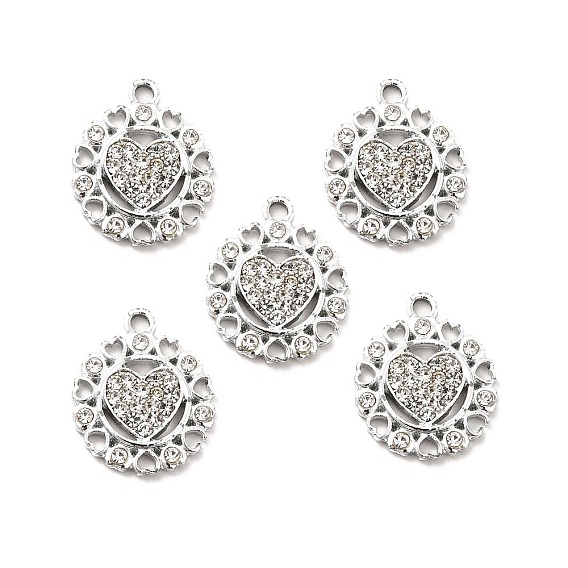 Alloy Rhinestone Pendants, Platinum Tone Flat Round with Heart Charms