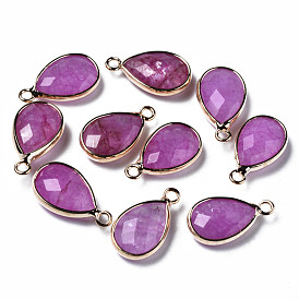 Natural Agate Pendants, Dyed, Faceted, with Golden Plated Brass Edge and Loop, Teardrop