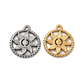 304 Stainless Steel Pendants, Flat Round with Sun Charms