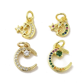 Real 18K Gold Plated Brass Pave Cubic Zirconia Pendants, with Jump Rings, Moon