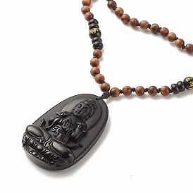 Collier bouddhiste om mani padme hum, collier pendentifs grand bouddha camée obsidienne naturelle, Collier en obsidienne naturelle, coquille de noix de coco et perles de bois pour femme