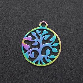 Ion Plating(IP) 201 Stainless Steel Pendants, Ring with Tree of Life, Laser Cut