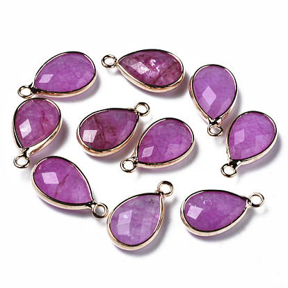 Natural Agate Pendants, Dyed, Faceted, with Golden Plated Brass Edge and Loop, Teardrop