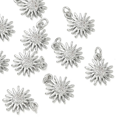 SHEGRACE Brass Micro Pave Cubic Zirconia Pendants, Cadmium Free & Nickel Free & Lead Free, Sun Charms, Clear