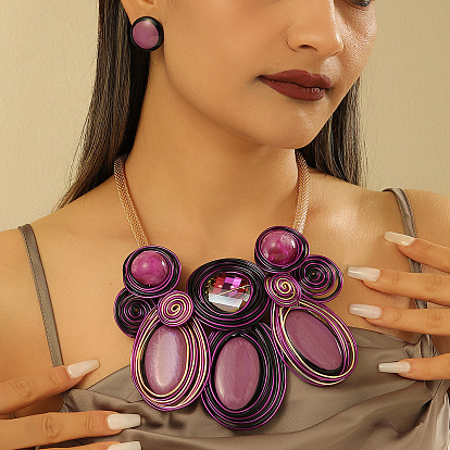 Ожерелья с подвесками в виде овальных бусин из алюминиевой проволоки и комплекты плоских круглых серег-гвоздиков