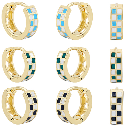 3 пары 3 цвета клетчатый узор латунные эмалированные серьги-кольца, реальный 18 k позолоченный, без кадмия, без никеля и без свинца