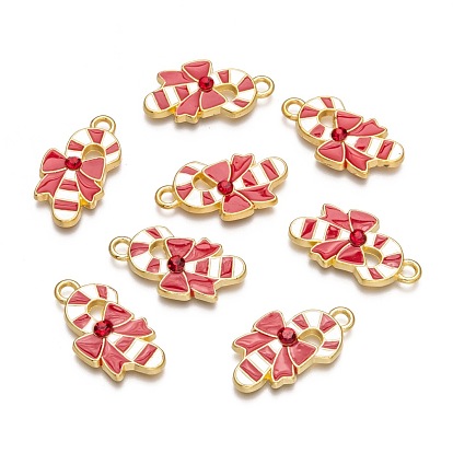 Pendentifs en émail , sans cadmium et sans plomb, avec strass, béquille noël, rouge et blanc, 27x14x3mm, Trou: 3mm