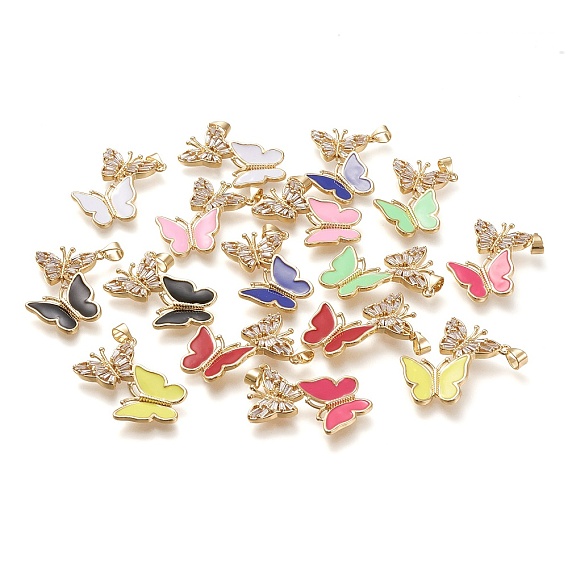 Латунные микро проложить кубического циркония подвески, с эмалью, реальный 18 k позолоченный, двойная бабочка