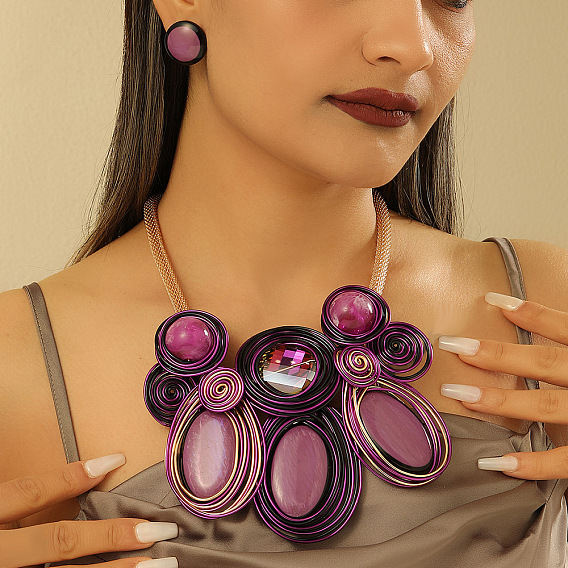 Ожерелья с подвесками в виде овальных бусин из алюминиевой проволоки и комплекты плоских круглых серег-гвоздиков