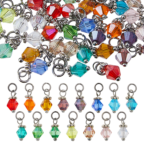 90шт 15 цвета прозрачные гальванические стеклянные подвески, двухконусные, с открытыми пружинными кольцами из нержавеющей стали 304, граненые