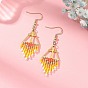 Glass Beads Braided Dangle Earrings, Cross with Triangle, 304 Stainless Steel Dangle Earrings, Tassel Earrings, Golden