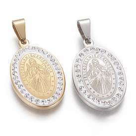 304 Stainless Steel Pendants, with Polymer Clay Rhinestone, Oval with Jesus & Word God's Compassion