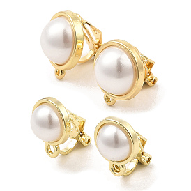 Alloy Clip-on Earring Findings, with Horizontal Loops & Imitation Pearl, for Non-pierced Ears, Half Round