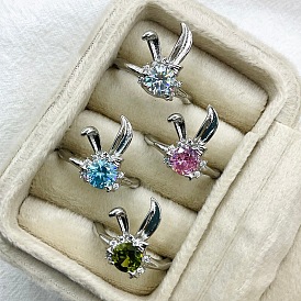 Brass Micro Pave Cubic Zirconia Finger Rings for Women, Rabbit, Platinum