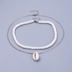 Shell Necklace Sets, with Shell Beads, Brass Cable Chains and 304 Stainless Steel Findings, with Burlap Paking Pouches Drawstring Bags