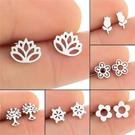 Charming Rose Flower Stud Earrings with Tree of Life and Leaves Design