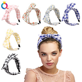 Chic Plaid Bow Hairband with Wide Edges and Knot for Women's Hairstyles