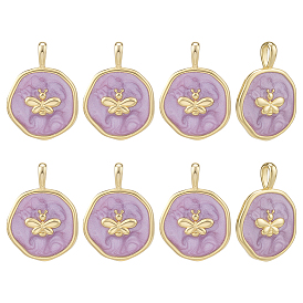8 кулоны латунные эмалевые шт., плоские круглые с пчелой, сирень, долговечный