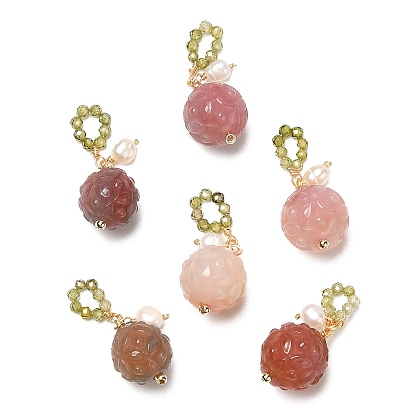Natural Agate & Natural Pearl & Cubic Zirconia Pendant Decorations, with Brass Findings, Flower with Oval