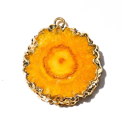 Natural Druzy Agate Dyed Pendants, Golden Edged Flower Slice Charms