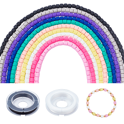 DIY Necklace/Bracelets Making, 10Pcs 10 Colors Column Handmade Polymer Clay Bead Strands, 2 Rolls Elastic Thread