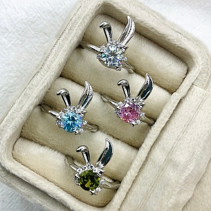 Brass Micro Pave Cubic Zirconia Finger Rings for Women, Rabbit, Platinum