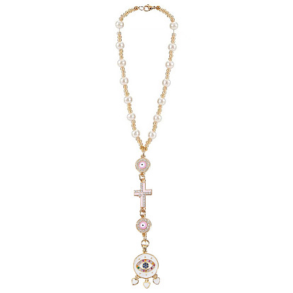 Крест и плоский круглый сплав эмалированный кулон автомобильные подвесные украшения, со стеклянным бисером и стеклянными жемчужными бусинами