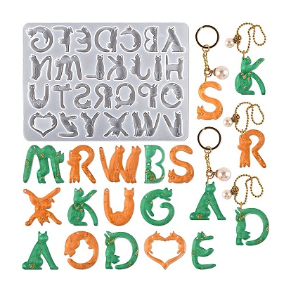 DIY Cat with 26 Letters Pendant Silicone Molds, Resin Casting Molds, for UV Resin, Epoxy Resin Jewelry Making