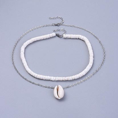 Shell Necklace Sets, with Shell Beads, Brass Cable Chains and 304 Stainless Steel Findings, with Burlap Paking Pouches Drawstring Bags