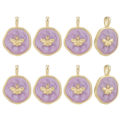 8 кулоны латунные эмалевые шт., плоские круглые с пчелой, сирень, долговечный