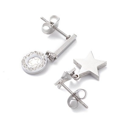3 Pair 3 Style Rhinestones Star & Heart Asymmetrical Earrings, 304 Stainless Steel Dangle Stud Earrings for Women