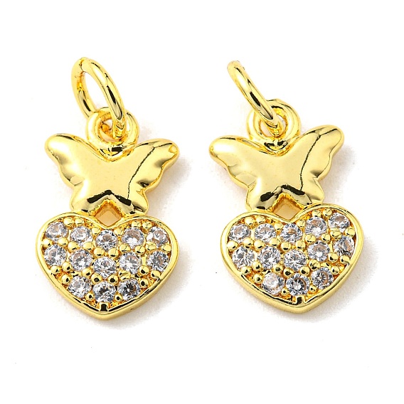 Rack Plating Brass Micro Pave Cubic Zirconia Charms, with Jump Ring, Butterfly with Heart