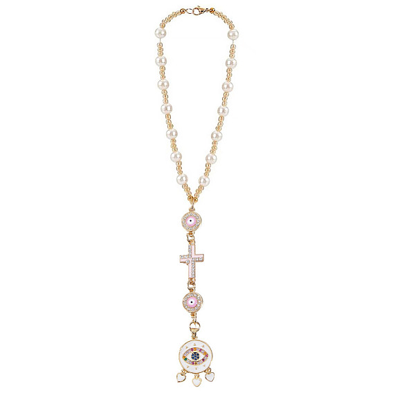 Крест и плоский круглый сплав эмалированный кулон автомобильные подвесные украшения, со стеклянным бисером и стеклянными жемчужными бусинами